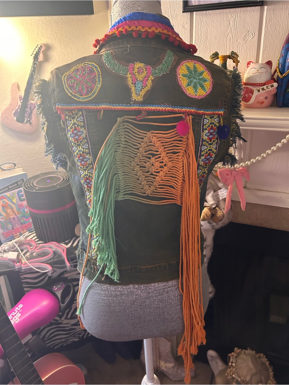 Boho Embroidered Fringe Denim Vest with Multicolor Macramé